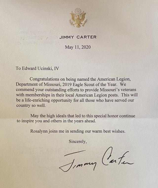 President Carter Sends Personalized Letter to Missouri's Eagle Scout of
